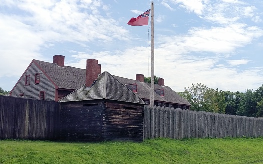 Old landmark Fort Western, former British colonial outpost at the head of navigation on the Kennebec River, built in 1754 during the French and Indian War, Augusta, ME, USA