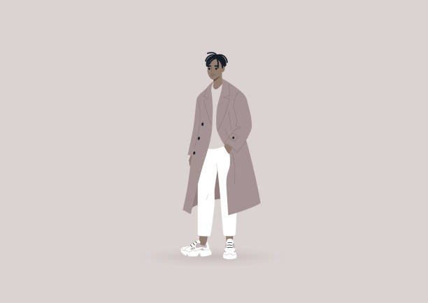 młody mężczyzna czarny charakter ubrany w oversize trencz i duże trampki, nowoczesny styl ulicy koncepcji - style in a row contemporary black stock illustrations