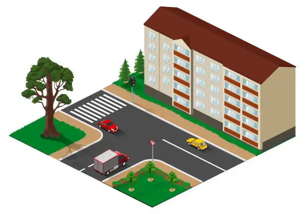 Vector illustration of Three way junction intersection with main road isometric illustration