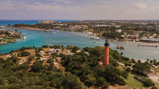 Aerial View of Jupiter Lighthouse in Jupiter, Florida at Mid-Day During Spring Break in March of 2021 Aerial View of Jupiter Beach, Florida at Mid-Day During Spring Break in March of 2021 jupiter stock pictures, royalty-free photos & images