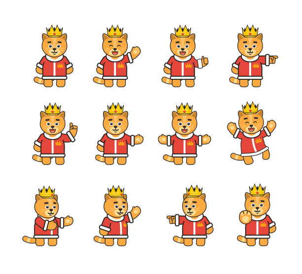 żółty kot król znaków zestaw pokazujący różne gesty dłoni - tiger pointing vector cartoon stock illustrations