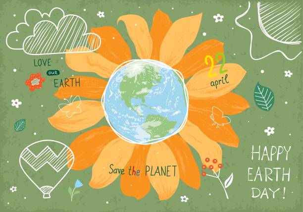 ilustraciones, imágenes clip art, dibujos animados e iconos de stock de ¡feliz día de la tierra! cartel ecosocial, estandarte o tarjeta. la tierra como una flor. - earth day