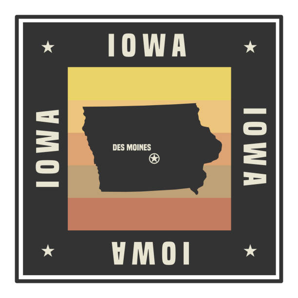Abstract square stamp or sign with name of US state Iowa Abstract square stamp or sign with silhouette and name of US state Iowa, vector illustration des moines silhouette stock illustrations