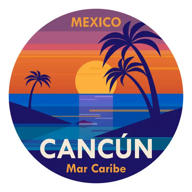 Vector illustration of Stamp or label with the tropical beach and words Cancun, Mexico