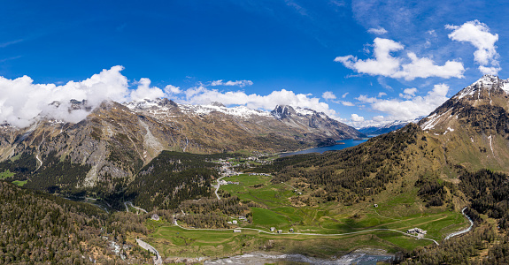 Stunning aerial panorama of the Maloja pass in Engadine region with the Sils lake in canton Graubunden in the alps in Switzerland