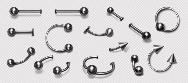 Set of piercing jewelry, pierce rings, barbell Set of piercing jewelry, metal pierce rings, barbell with balls and cones for face and body decoration. Beauty accessories, earrings isolated on background, Realistic 3d vector icons piercing stock illustrations