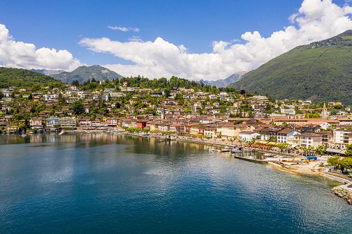 Aerial view of the Ascona old town by lake Maggiore in Canton Ticino in Switzerland