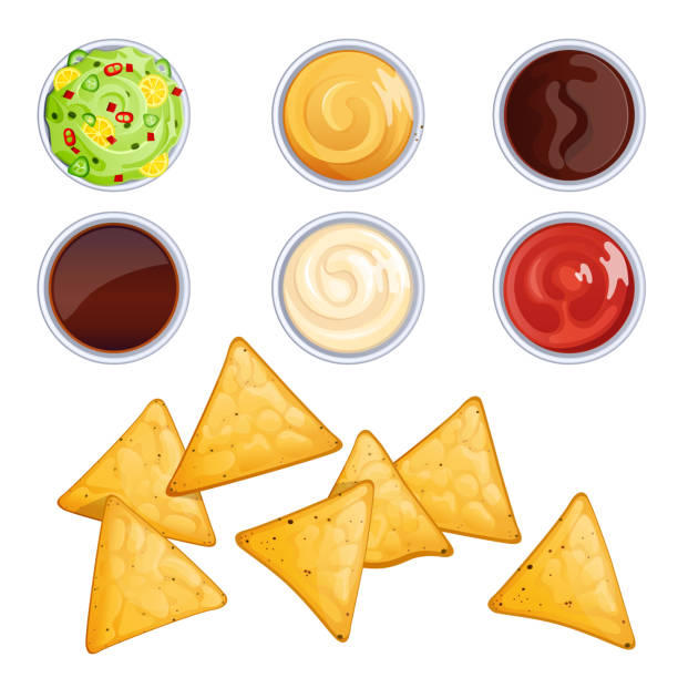 nacho-chips und saucen in schüsseln, mexikanisches essen - spice symbol green chili pepper stock-grafiken, -clipart, -cartoons und -symbole