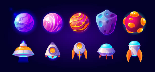 Ufo, spaceships and rockets with planets set. Ufo, spaceships and rockets with planets or asteroids, alien shuttles. Isolated fantasy cosmic objects, computer game graphic design elements, funny space collection, Cartoon vector illustration, set space invaders game stock illustrations