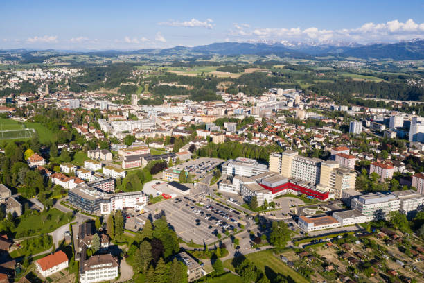 aerial view of the fribourg cityscape with the main public  hospital in canton fribourg, switzerland - fribourg imagens e fotografias de stock