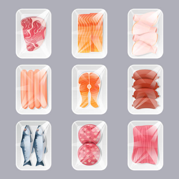 illustrazioni stock, clip art, cartoni animati e icone di tendenza di prodotti alimentari in confezioni di plastica prodotti per la vendita al dettaglio in negozio - chicken food raw meat