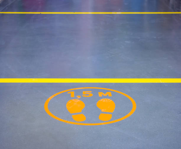 istock Floor markings and signs for social distancing 1309860304
