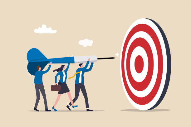 ilustrações de stock, clip art, desenhos animados e ícones de team business goal, teamwork collaboration to achieve target, coworkers or colleagues with same mission and challenge concept, businessman and woman people help holding dart aiming on bullseye target. - dartboard darts arrow sign target