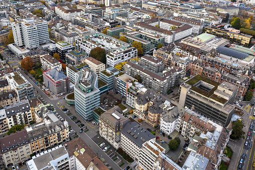 Aerial view of the Zurich city center where classical architecture mixes with office buildings in Switzerland