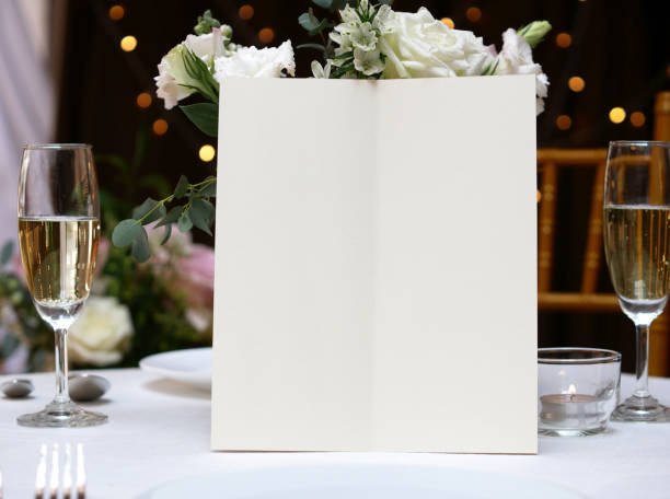 mockup white blank space card, for menu, flyer, greeting, invitation on wedding table background. with clipping path - clipping path wedding invitation invitation message imagens e fotografias de stock