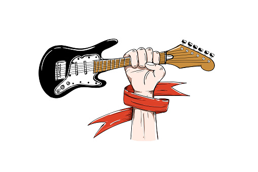 hand holding electric guitar with red ribbon music concept vector illustration