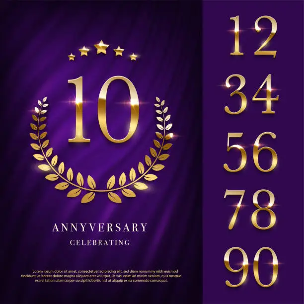 Vector illustration of Anniversary logo with golden numbers template. 20th birthday, jubilee or wedding with laurel sign vector illustration. Invitation to celebrate. Shiny numbers on purple background