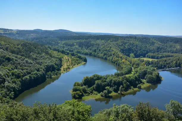 Panorama from the Saaleturm lookout tower in Burgk Schleiz in the Saale-Orla district to the Burghammer dam in Thuringia