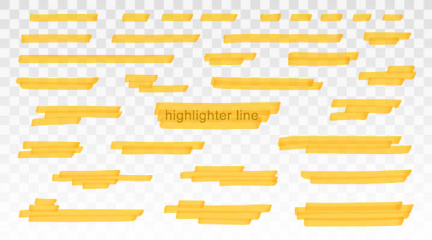 투명 한 배경에 격리 된 노란색 하이라이터 라인 설정. 마커 펜 강조 표시줄 밑줄 스트로크. 벡터 핸드 그린 그래픽 세련된 요소 - 싸인펜 일러스트 stock illustrations