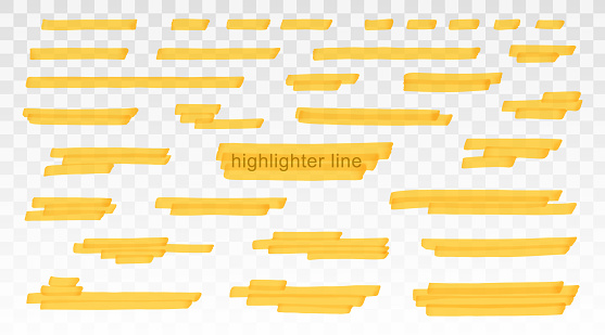 Yellow highlighter lines set isolated on transparent background. Marker pen highlight underline strokes. Vector hand drawn graphic stylish element.