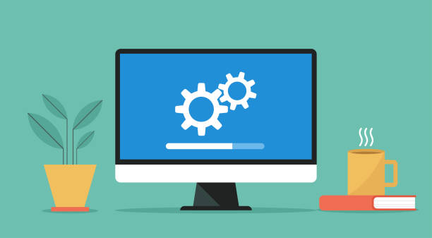 computer mit softwaresystem-update und -entwicklung - softwareaktualisierung stock-grafiken, -clipart, -cartoons und -symbole