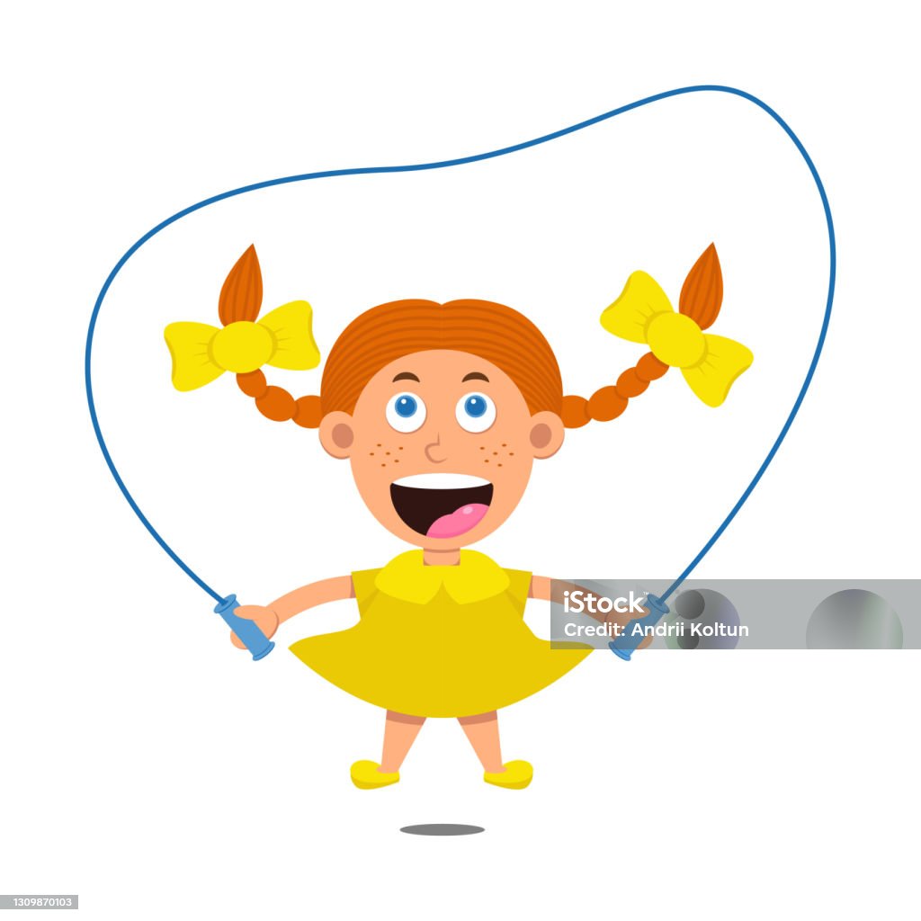 Ilustración de Linda Niña De Dibujos Animados Con Vestido Amarillo Con Pecas  Y Pelo Rojo Con Lazos Personaje De Niño Aislado Sobre Fondo Blanco Niños De  Sonrisa Feliz Saltando La Cuerda Ilustración