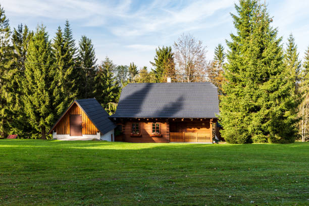 Wooden chalet on meadow with trees around Wooden chalet on meadow with trees around in Moravskoslezske Beskydy mountains in Czech republic moravian silesian beskids photos stock pictures, royalty-free photos & images