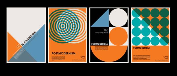 dzieła sztuki, plakaty inspirowane postmodernistycznymi abstrakcyjnymi dynamicznymi symbolami wektorowymi z pogrubionymi geometrycznymi kształtami, przydatnymi do tła internetowego, projektowania plakatów, pierwszej strony magazynu, druku hi-tech, okł - 60s design stock illustrations