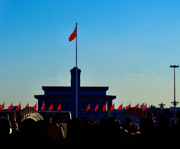 The night view of the Monument to the People’s Heroes and the Great Hall of the People on Tiananmen Square, Tiananmen Square is the third largest square in the world, Beijing, China