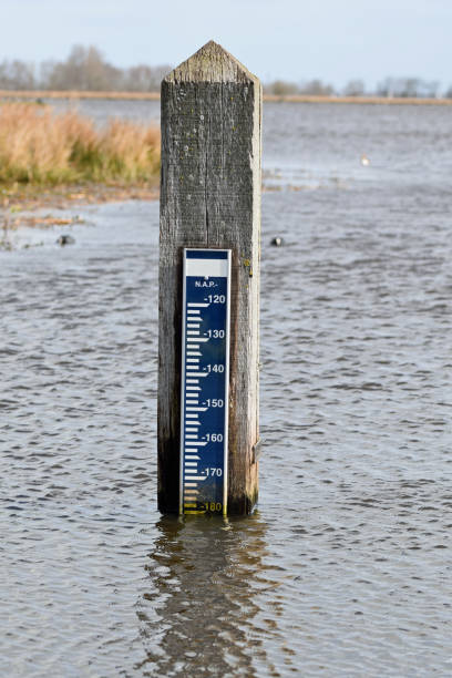 water meter to measure the water level in the polder near Woerden in the province of Utrecht stock photo