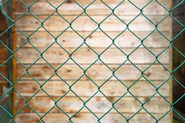 Steel green fence mesh netting and old plank wooden wall in blur on the background Steel green fence mesh netting and old plank wooden wall in blur on the background. Abstract background. Security concept. Square cells close up wood and wire fence designs pictures stock pictures, royalty-free photos & images