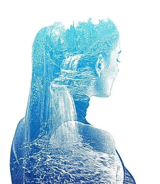 Vector illustration of Multiple Exposure of young woman and waterfall