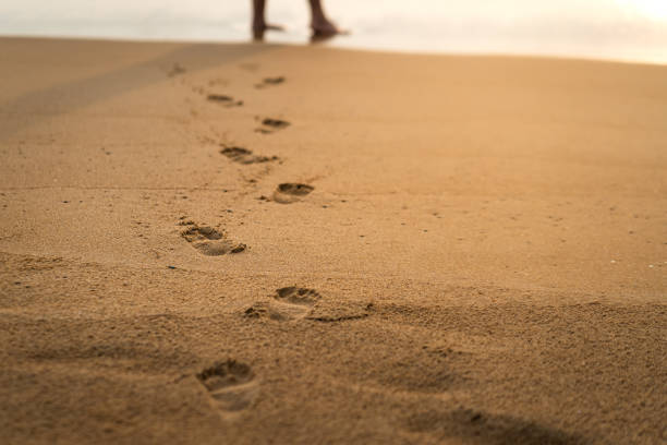 istock Human's footprint on sand beach. 1309876588