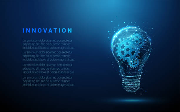 Abstract blue glowing light bulb with gears inside. Abstract blue glowing light bulb with gears inside. Low poly style design. Abstract geometric background. Wireframe light connection structure. Modern 3d graphic concept. Vector illustration. breaking new ground stock illustrations