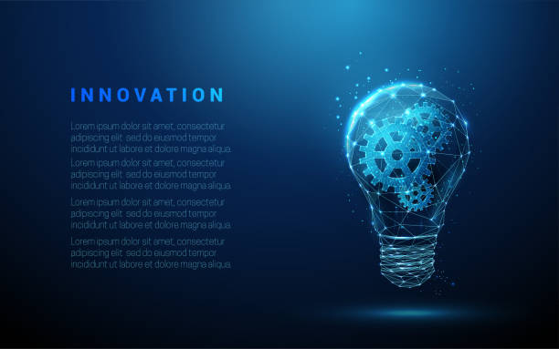 Abstract blue glowing light bulb with gears inside. Abstract blue glowing light bulb with gears inside. Low poly style design. Abstract geometric background. Wireframe light connection structure. Modern 3d graphic concept. Vector illustration. thinking outside the box stock illustrations