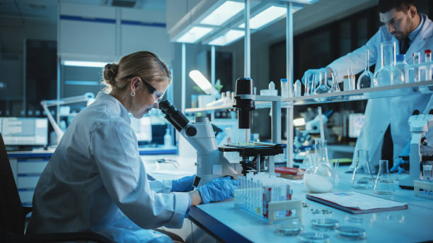istock Female and Male Medical Research Scientists Have a Conversation While Conducting Experiments in Test Tubes with Liquid Samples with and in Beakers with Solid Speciments. Modern Science Laboratory. 1309877880