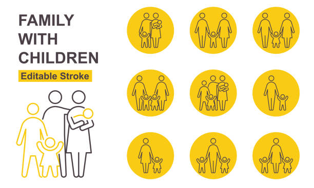 Family With Children Icons. Editable Stroke. Vector Illustration. People Thin Line Icons Set. husband stock illustrations