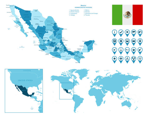 illustrazioni stock, clip art, cartoni animati e icone di tendenza di messico mappa blu amministrativa dettagliata con bandiera del paese e posizione sulla mappa del mondo. - flag of belize