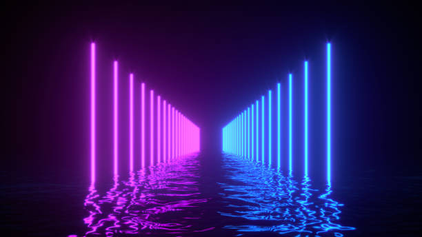 istock Glowing neon lines with reflections in water surface. Abstract background, waves, ultraviolet, spectrum vibrant colors, laser show. 3d render illustration 1309880080