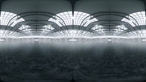 istock Full spherical panorama 360 degrees of empty exhibition space. backdrop for exhibitions and events. Tile floor. Marketing mock up. 3D render illustration 1309880138