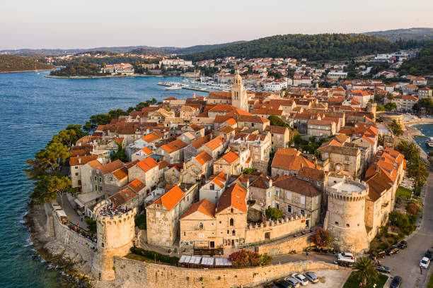 Dramatic aerial view of the famous Korcula old town by the Adriatic sea in Croatia stock photo
