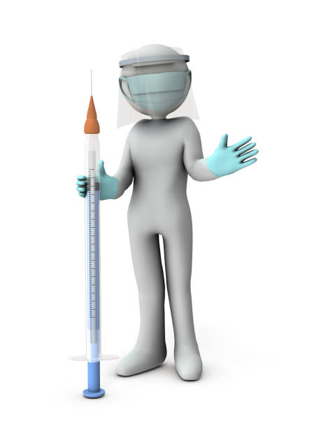 istock A person wearing a mask and holding a syringe. 3D rendering. White background. 1309881579