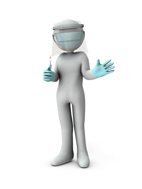 istock A person wearing a mask and holding a syringe. 3D rendering. White background. 1309881671