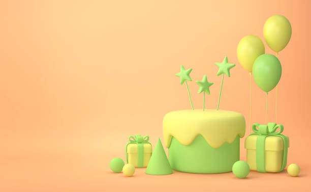 istock Festive background. Cake, balloons, gift boxes on beige background 1309881869