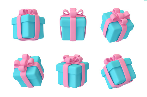 Set of gift boxes with ribbon and bow isolated on white. 3D rendering with clipping path