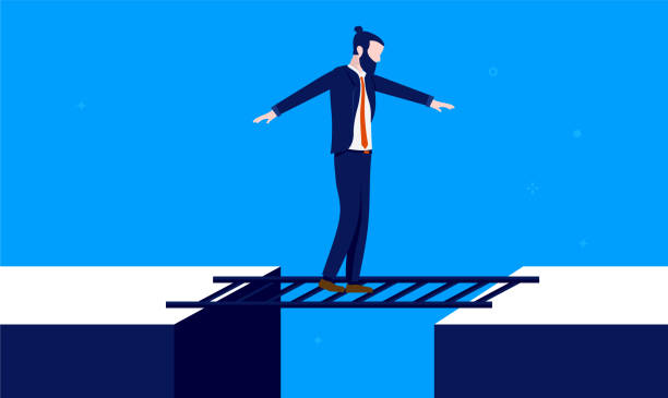 illustrazioni stock, clip art, cartoni animati e icone di tendenza di uomo d'affari che si bilancia su scala su scogliera pericolosa - cliff ladder business problems