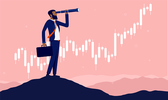 Man with binocular standing on hilltop with rising graph in background. Vector illustration.