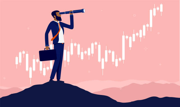 African American investor businessman looking for financial possibilities Man with binocular standing on hilltop with rising graph in background. Vector illustration. calculating stock illustrations