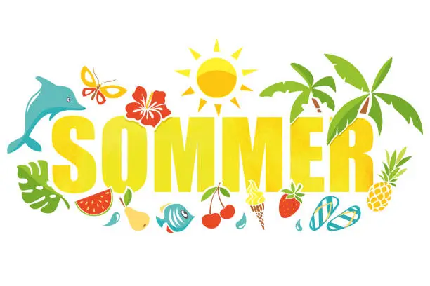 Vector illustration of Sommer - summer watercolor typography in german language inscription.