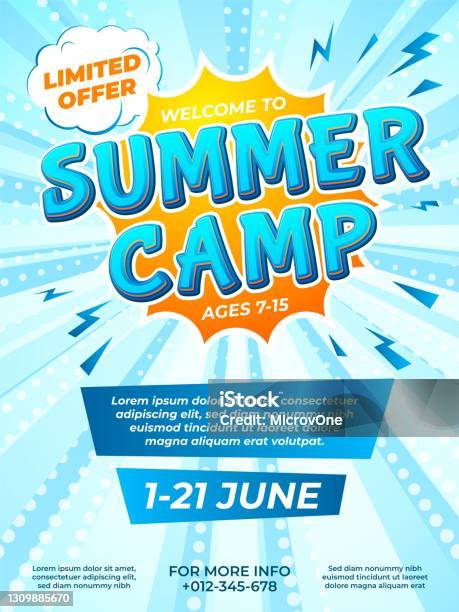 Summer Camp Poster Child Journey Camping Comic Style Flyer School Kids Vacation Ad Brochure Design Fun Adventures Recent Vector Template Stock Illustration - Download Image Now